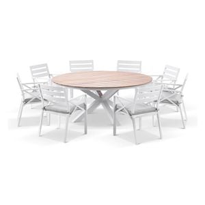 Tuscany 1.8m Aluminium And Teak Dining Table White With 8 Kansas Chairs & Textured Olefin Grey Cushions