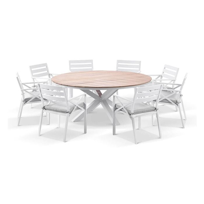 Tuscany 1.8m Aluminium And Teak Dining Table White With 8 Kansas Chairs & Textured Olefin Grey Cushions