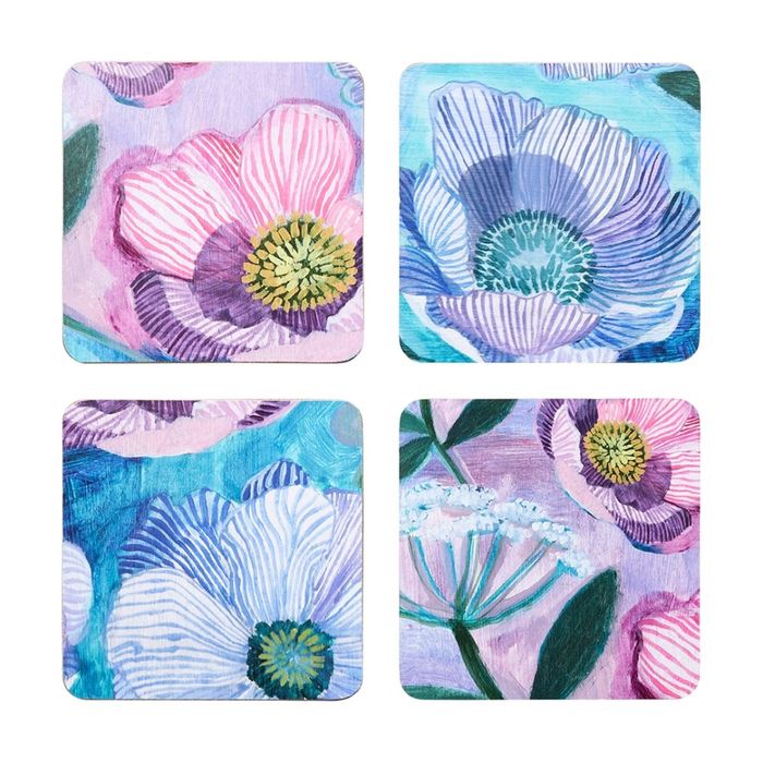 4pc Ecology Rose Bloom Floral Coasters Set 10cm Multi Coloured