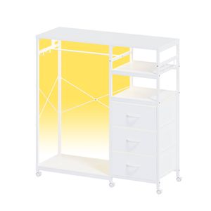 Ufurniture Chest of 3 Drawers with Hanging Rack and LED Lights Charging Station Garment Coat Hanging Rail  White
