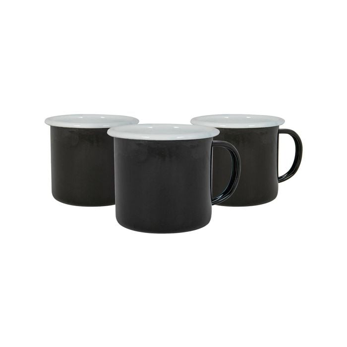 Argon Tableware 375ml Enamel Camping Mugs - Set Of 12 Black Coffee & Tea Mugs Lightweight Metal Steel Rustic Style Drinking Cups