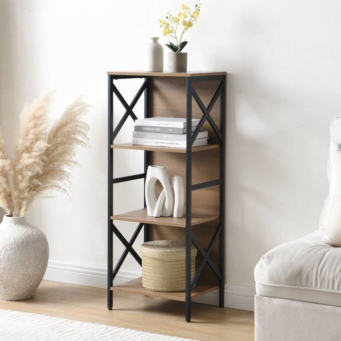 Homfurn 4 Tier Industrial Bookcase With Metal Frame And Backboard,narrow White Book Shelf,book Case For Small Spaces