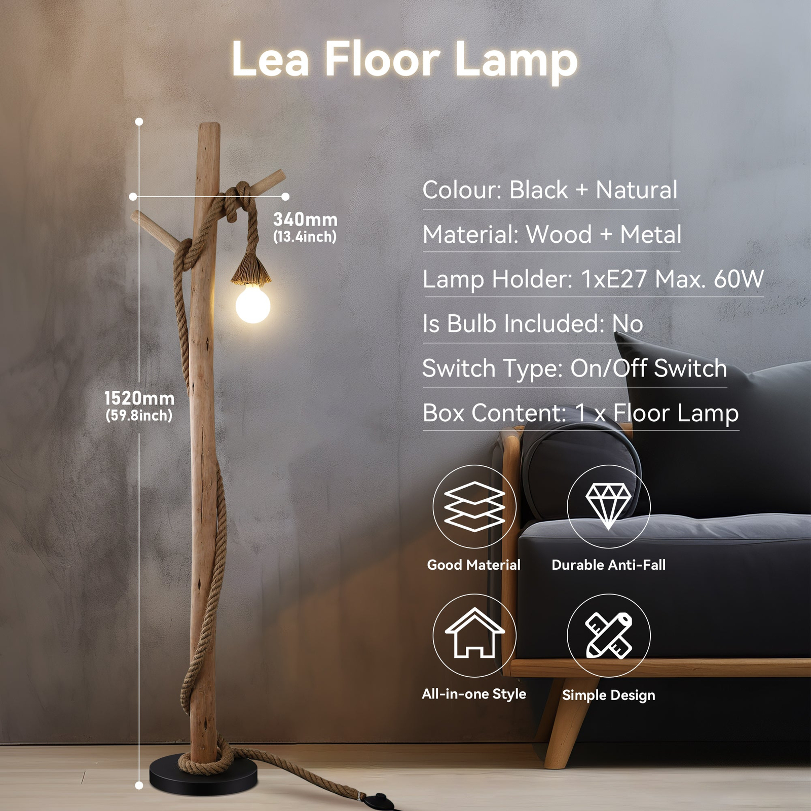 Lexi Lighting Lea Floor Lamp 152cm Bunnings Australia