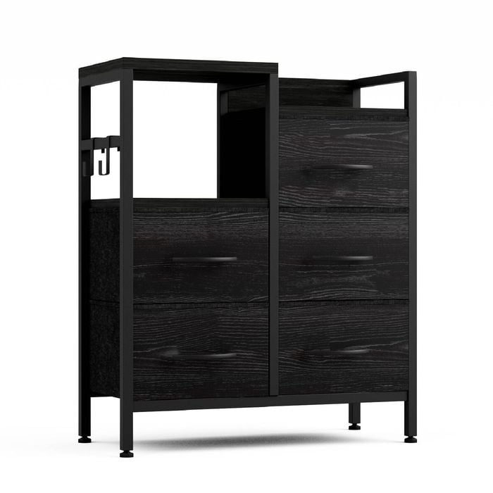 Ufurniture 5 Drawers Dresser with Open Shelf Storage Side Hooks & Adjustable Feet Black
