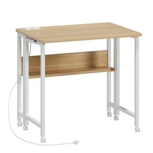 Ufurniture Foldable Desk with Power Outlet, Shelves & Wheels, Mobile Computer Table, Sofa Side Desk, White+Natural