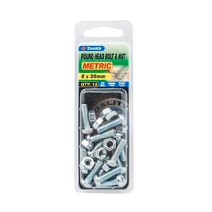 Zenith M6 x 20mm Zinc Plated Round Head Bolt And Nut - 12 Pack