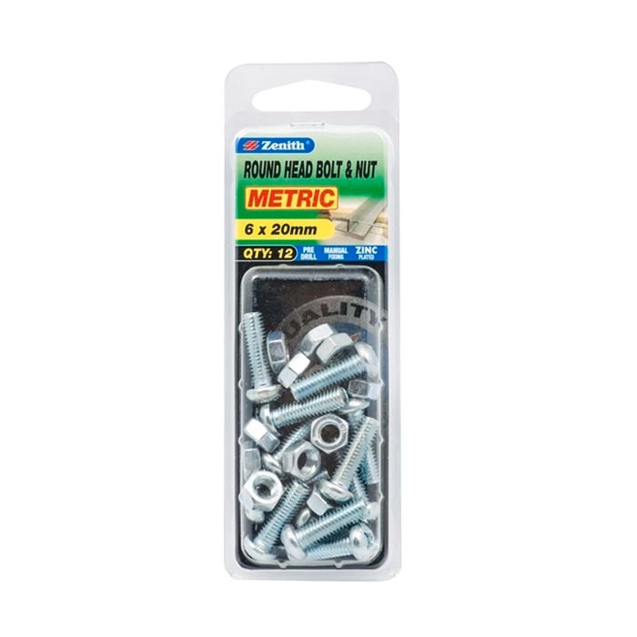 Zenith M6 x 20mm Zinc Plated Round Head Bolt And Nut - 12 Pack