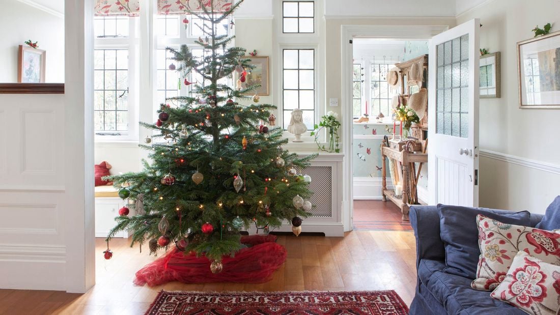 A decorated Christmas tree in a living room