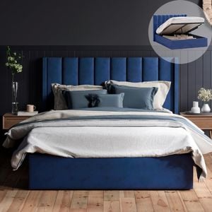 Emilie King Navy Blue Velvet Gas Lift Storage Winged Bed Frame