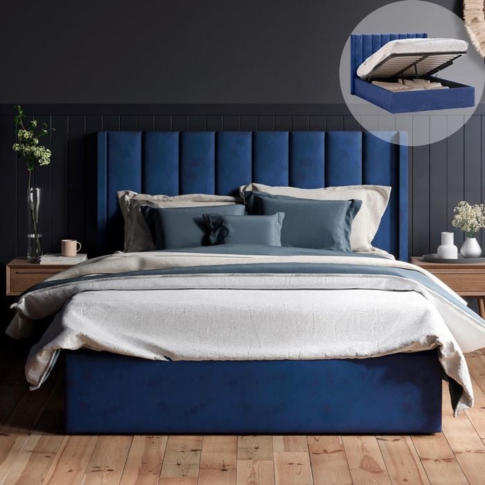 Emilie King Navy Blue Velvet Gas Lift Storage Winged Bed Frame
