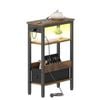 Advwin LED Side Table w/ Charging Station Narrow Bedside Table w/ Open Drawer & Open Shelf Walnut