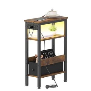 Advwin LED Side Table w/ Charging Station Narrow Bedside Table w/ Open Drawer & Open Shelf Walnut