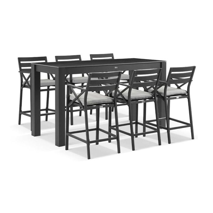 Hugo Rectangle Bar Table 6 Kansas Bar Stools Charcoal & Denim Grey Cushions