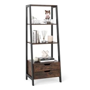 Costway Ladder Bookshelf Display Rack Drawer Bookcase Brown