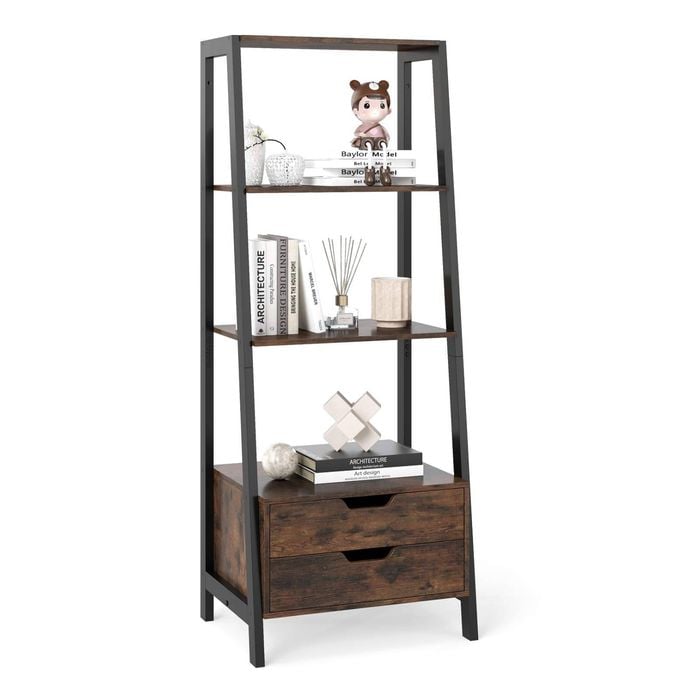 Costway Ladder Bookshelf Display Rack Drawer Bookcase Brown