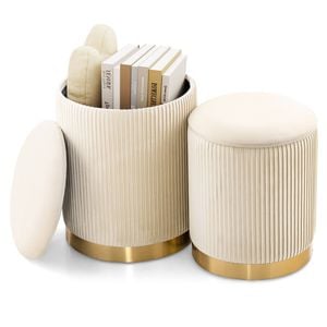 Costway 2× Ottoman Foot Stool Round Vanity Chair W/storage Beige