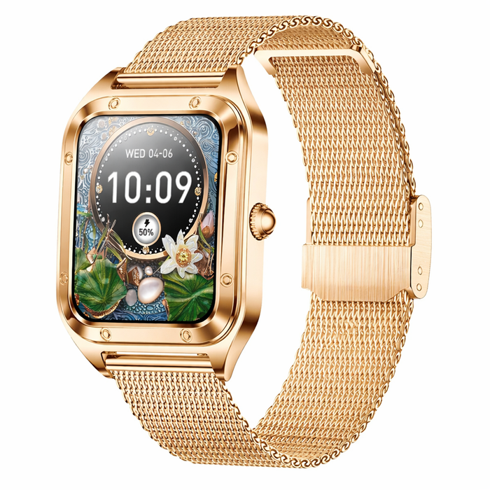 Smart Fitness Watch For Women Bluetooth Call Blood Pressure Monitor Waterproof Sports Smartwatch With Diy Custom Dial Gold Mesh