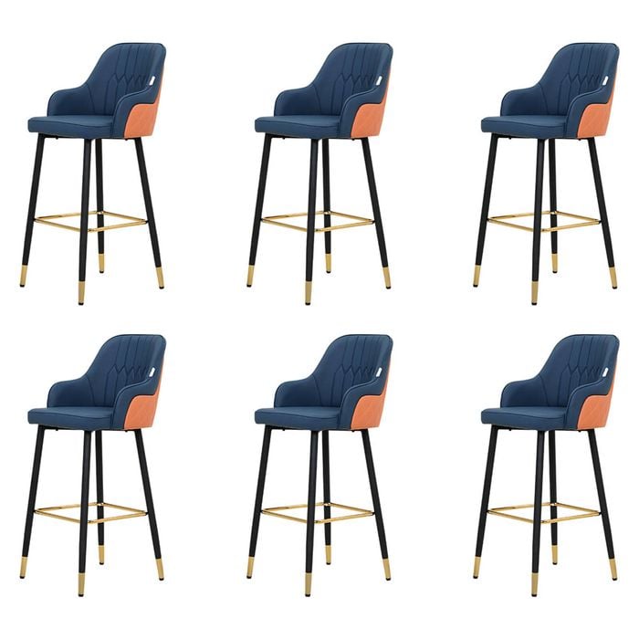 Familand Bar Stools Set of 6, Navy Faux Leather Upholstered Barstools,with Backrest Footrest