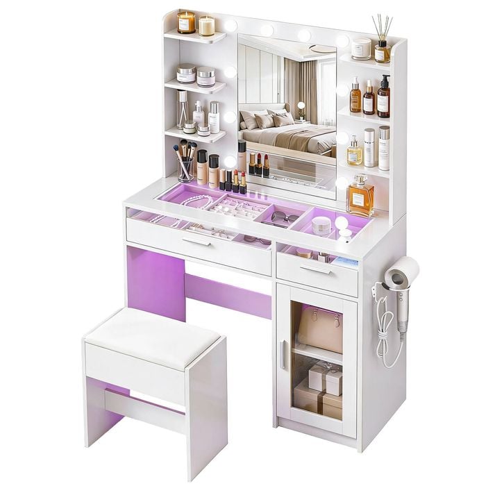Artiss Dressing Table Vanity Desk LED RGB Light Charging Station White