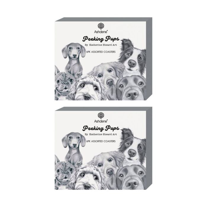 2x 6pc Ashdene Peeking Pups Coaster Serveware Set Puppies Animal Art