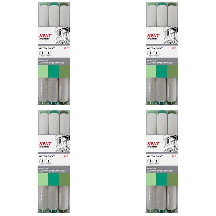 4x 3pc Kent Spectra Graphic Markers Brush Chisel Nib Drawing/design Green Set