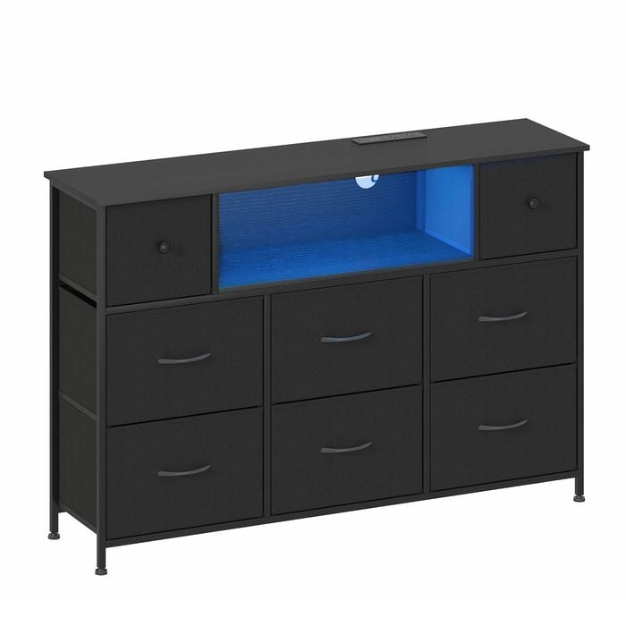 Ufurniture Chest of 8 Drawers Storage Cabinet with Charging Station LED Lights & Open Shelves Black