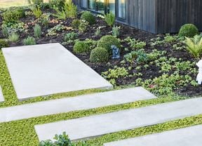 A concrete stepping-stone path with green groundcover between slabs beside a mulched garden of small shrubs, ornaments and round hedges.