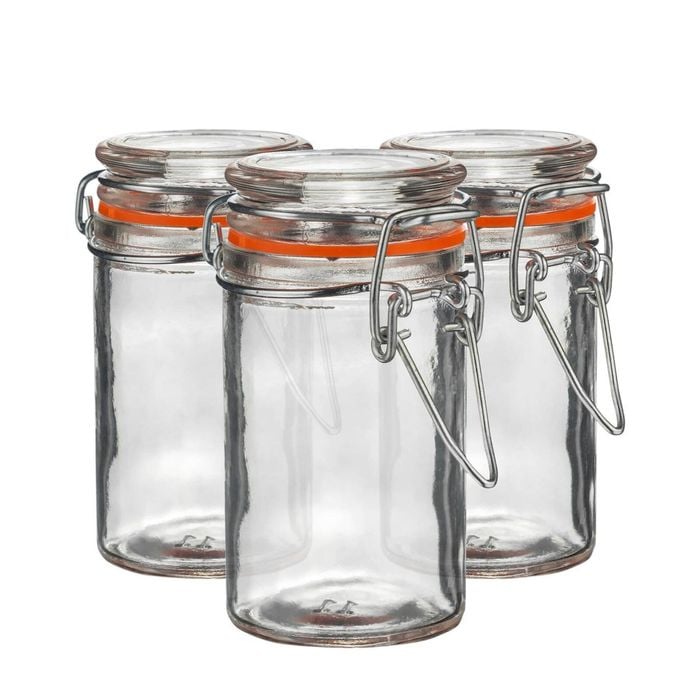 Argon Tableware Glass Storage Jars - 70ml/2.5oz - Set Of 3 - 4 Colour Seals Airtight Kitchen Storage Container Preserving Jar