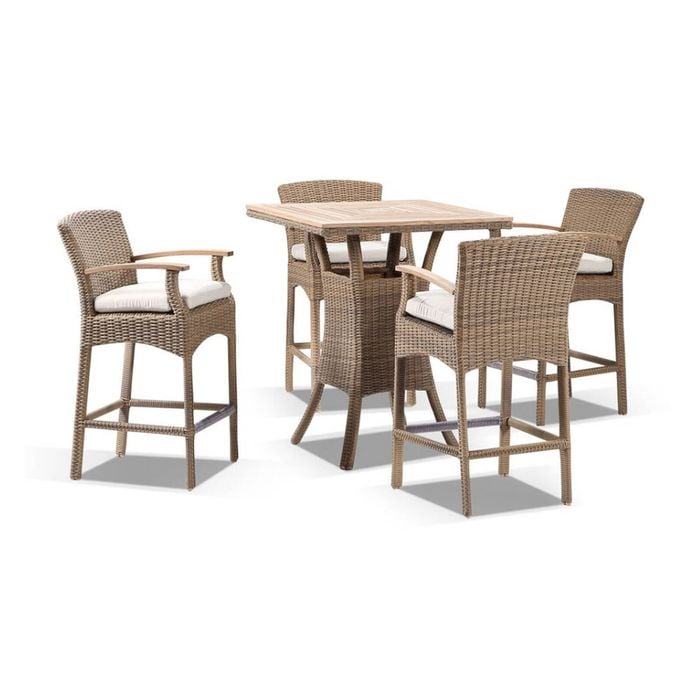 Sahara Teak Top 4 Seater Bar Setting In Half Round Wicker Brushed Wheat With Wanika Stools & Cream Cushions