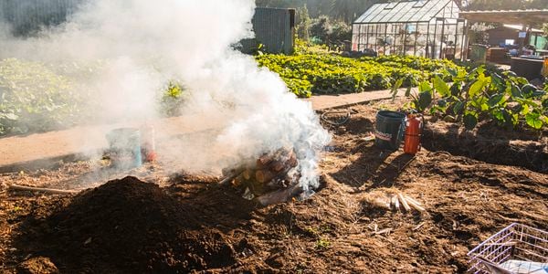 Logs stacked on top of a dirt patch, with smoke coming out of the pile.