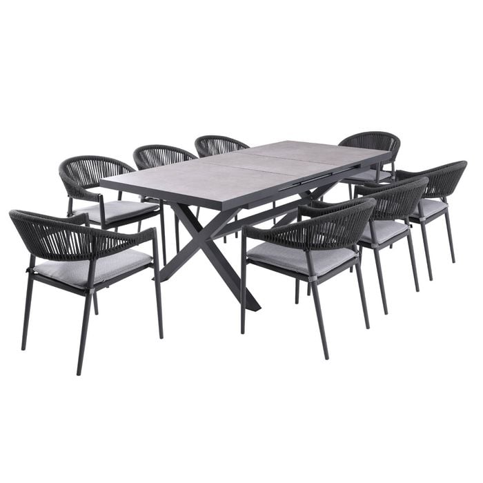 FurnitureOkay Nice-Mosman 9-Piece Ceramic Outdoor Extendable Dining Setting (With 160/210x100cm Table) - Charcoal