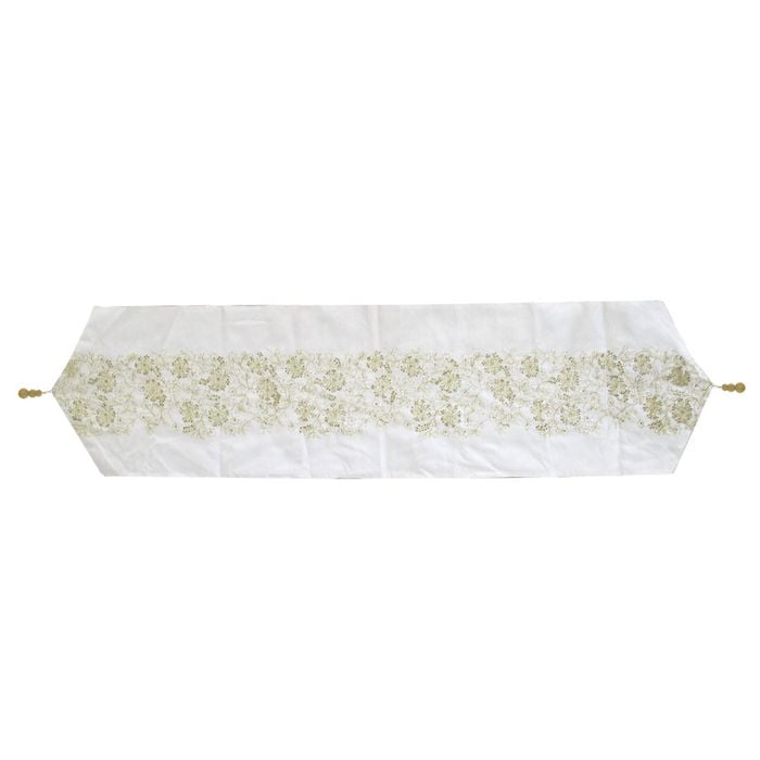 Embroidered Faux Silk Table Runner 33 x 135 cm Fleur White Gold