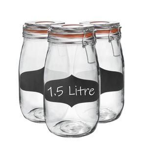 Argon Tableware 3x Glass Storage Jar & Labels Set - 1.5l/50.7oz 4 Colour Seals Airtight Kitchen Storage Container Preserving Jar