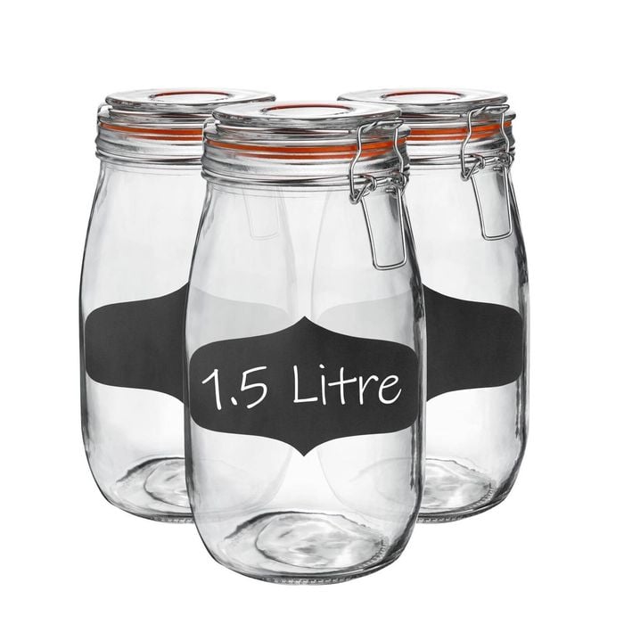 Argon Tableware 3x Glass Storage Jar & Labels Set - 1.5l/50.7oz 4 Colour Seals Airtight Kitchen Storage Container Preserving Jar