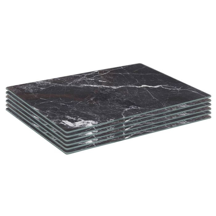6x Glass Placemats - 30 x 20cm - Black Marble Effect - Dining Table Place Mats Tabletop Protector for Kitchen Worktops