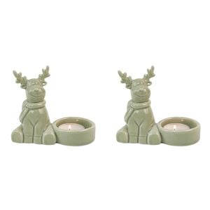 2x Urban Cute Reindeer 9cm Ceramic Tealight Holder Candle Home Decor - Sage