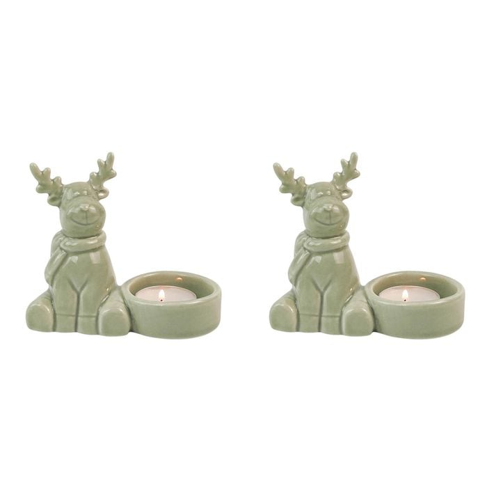 2x Urban Cute Reindeer 9cm Ceramic Tealight Holder Candle Home Decor - Sage