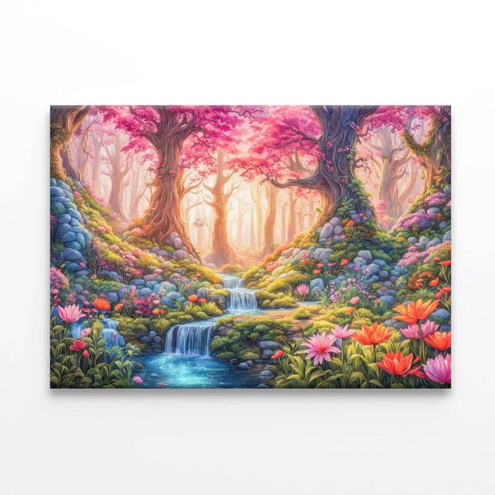 Painting Waterfall & Flowers  Print 100% Australian Made 75 x 50cm  (Stretched)