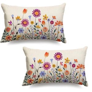 Catzon 2 Pcs Summer Lumbar Pillow Covers Linen Pillowcase for Home Decor-Set 38