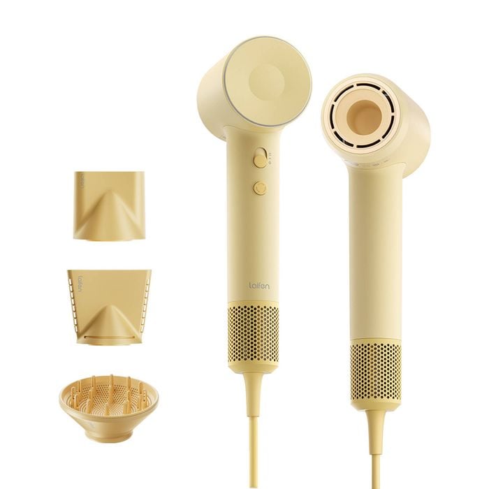 Laifen SE 2 High-Speed Hair Dryer – Pastel Yellow with smooth nozzle, diffuser nozzle and concentrator nozzle included.