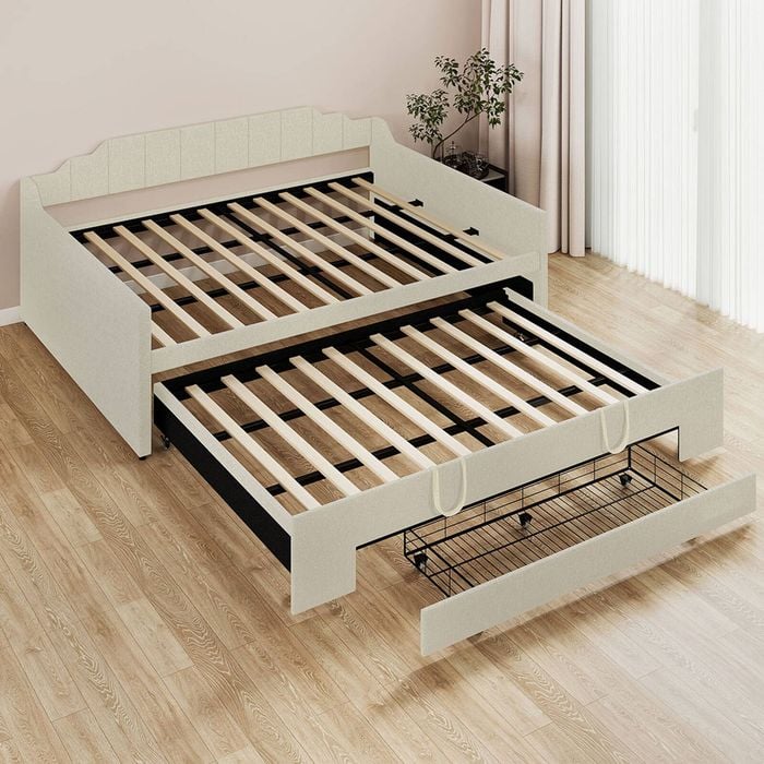 Familand Queen Daybed Trundle Bed Storage Drawer in Cream