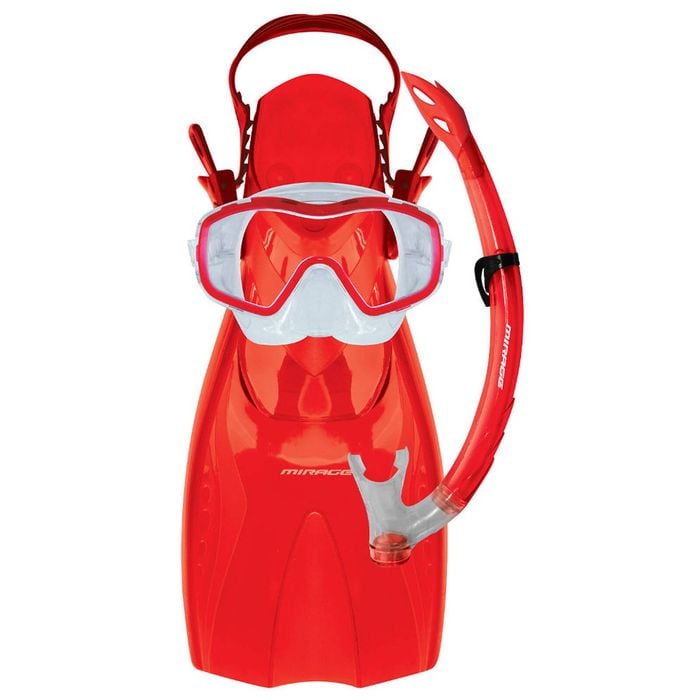 Mirage Shrimp Large-XL Silitex Mask, Snorkel & Fin Set Junior Red