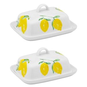 2PK Porto Porcelain Limone Kitchen Butter Storage Holder Dish Multi-Coloured
