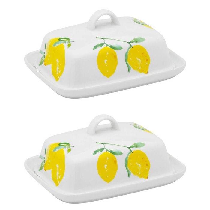 2PK Porto Porcelain Limone Kitchen Butter Storage Holder Dish Multi-Coloured