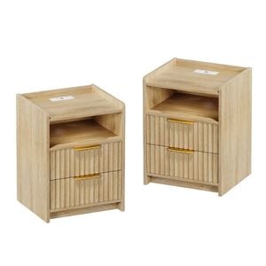 Ufurniture 2xSide Table with 2 Drawers and Open Shelf Bedside Table Nightstand with Charging Station Oak