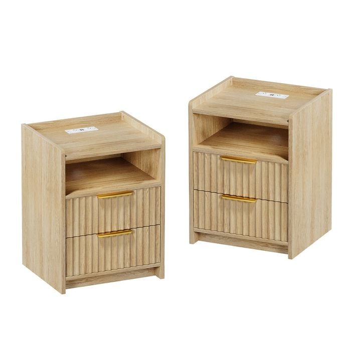 Ufurniture 2xSide Table with 2 Drawers and Open Shelf Bedside Table Nightstand with Charging Station Oak