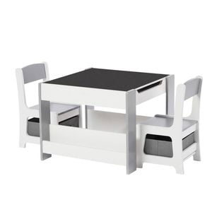 Oikiture Kids Table and Chairs Set Chalkboard Drawing Toys Storage Grey