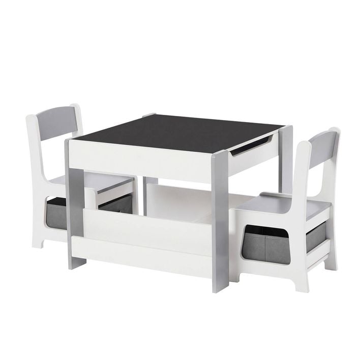 Oikiture Kids Table and Chairs Set Chalkboard Drawing Toys Storage Grey