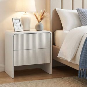 HOMFURN White Fluted Bedside Table, 2 Push-to-Open Drawers, 20kg Capacity Nightstand for Bedroom & Living Room