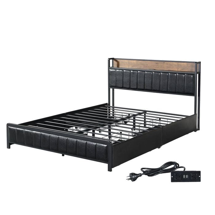 Levede USB Charging PU Leather Bed Frame 4 Drawers Queen Black